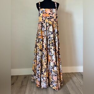 Free People Park Slope Flowy Floral Cotton Maxi Dress Boho Chic Dark Combo MED